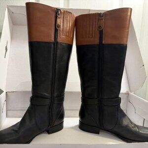 Isaac Mizrahi Womens Leather Equestrian Boots, Black & Brown Sz 6-new in box